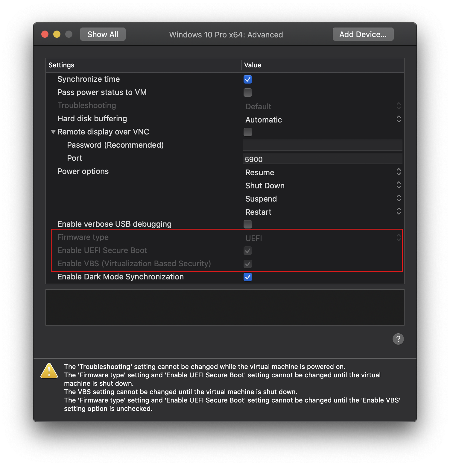 VMWare Fusion Advanced Settings dialog box