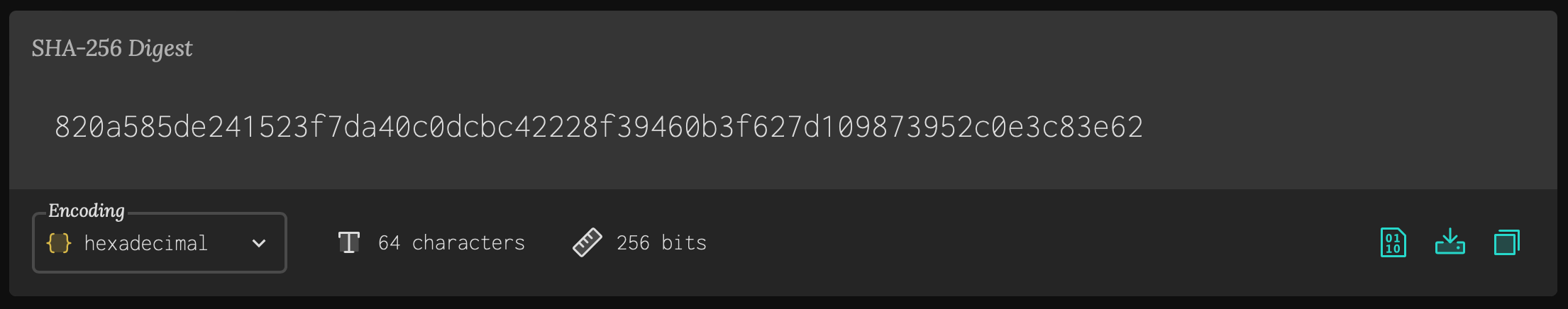 Example hexadecimal encoding of a SHA-256 digest in CryptoTools