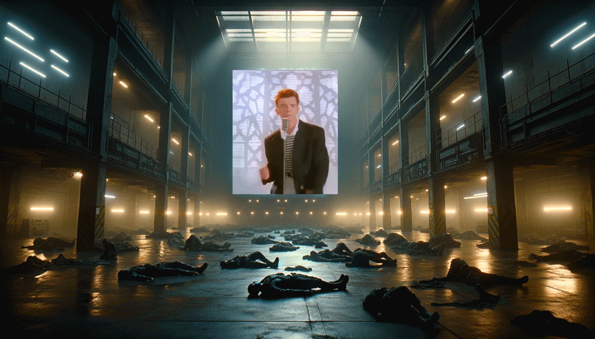 Many retired replicants lying on the floor with Rick Astley’s dance on the big screen