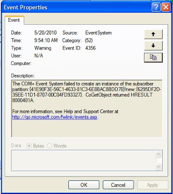 Source: EventSystem; Type: Warning; Event ID: 4356; Description: The COM+ Event System failed to create an instance of the subscriber partition: {…}. CoGetObject returned HRESULT 8000401A.