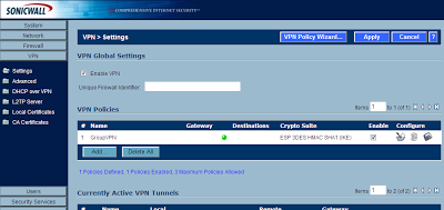 Sonicwall Configuration Page, VPN > Settings