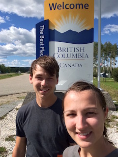 Vee and me in front of the British Columbia welcome sign. Yes, we need showers.